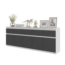 NOAH - Chest of 5 Drawers and 5 Doors - Bedroom Dresser Storage Cabinet Sideboard - White Matt / Anthracite  H75cm W200cm D35cm