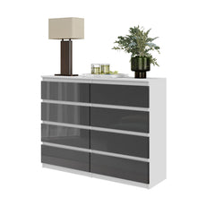 GABRIEL - Chest of 8 Drawers - Bedroom Dresser Storage Cabinet Sideboard - White Matt / Anthracite Gloss H92cm W120cm D33cm