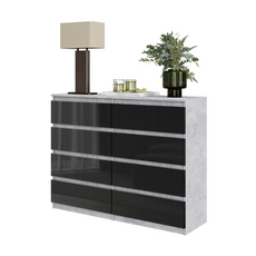GABRIEL - Chest of 8 Drawers - Bedroom Dresser Storage Cabinet Sideboard - Concrete / Black Gloss H92cm W120cm D33cm