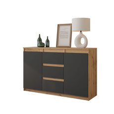 MIKEL - Chest of 3 Drawers and 2 Doors - Bedroom Dresser Storage Cabinet Sideboard - Wotan Oak / Anthracite H75cm W120cm D35cm