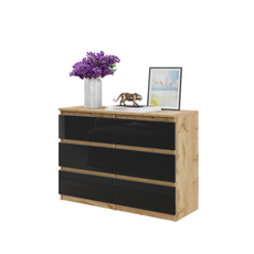 GABRIEL - Chest of 6 Drawers - Bedroom Dresser Storage Cabinet Sideboard - Wotan Oak / Black Gloss H71cm W100cm D33cm