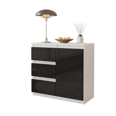 MIKEL - Chest of 3 Drawers and 1 Door - Bedroom Dresser Storage Cabinet Sideboard - White Matt / Black Gloss H75cm W80cm D35cm