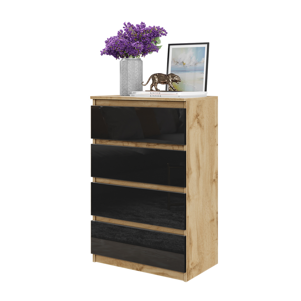 GABRIEL - Chest of 4 Drawers - Bedroom Dresser Storage Cabinet Sideboard - Wotan Oak / Black Gloss H92cm W60cm D33cm