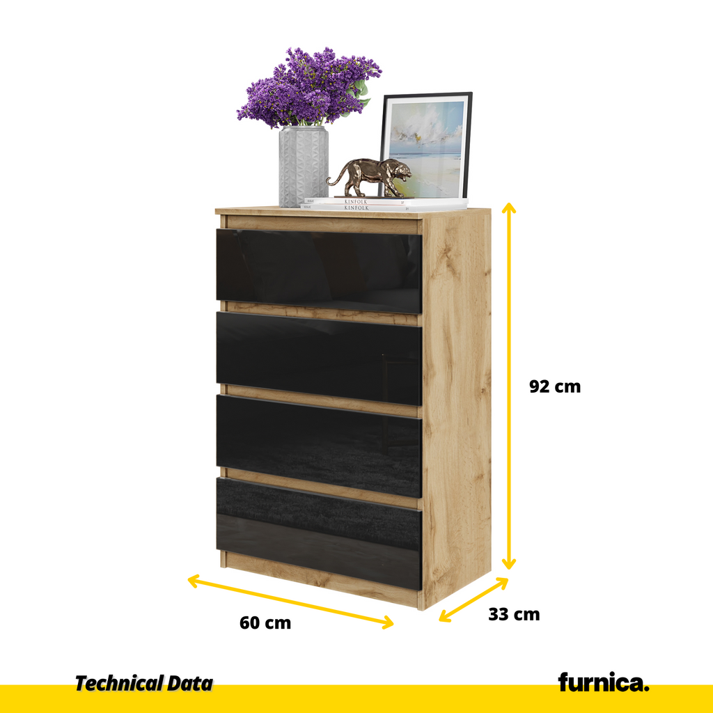 GABRIEL - Chest of 4 Drawers - Bedroom Dresser Storage Cabinet Sideboard - Wotan Oak / Black Gloss H92cm W60cm D33cm