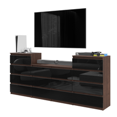 GABRIEL - Chest of 14 Drawers (4+6+4) - Bedroom Dresser Storage Cabinet Sideboard - Wenge / Black Gloss H92cm W220cm D33cm