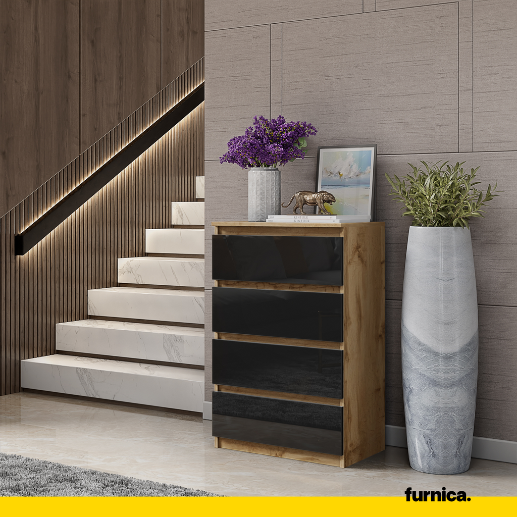 GABRIEL - Chest of 4 Drawers - Bedroom Dresser Storage Cabinet Sideboard - Wotan Oak / Black Gloss H92cm W60cm D33cm