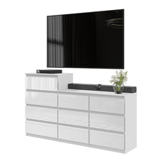 GABRIEL - Chest of 10 Drawers (6+4) - Bedroom Dresser Storage Cabinet Sideboard - White Gloss H92/70cm W160cm D33cm