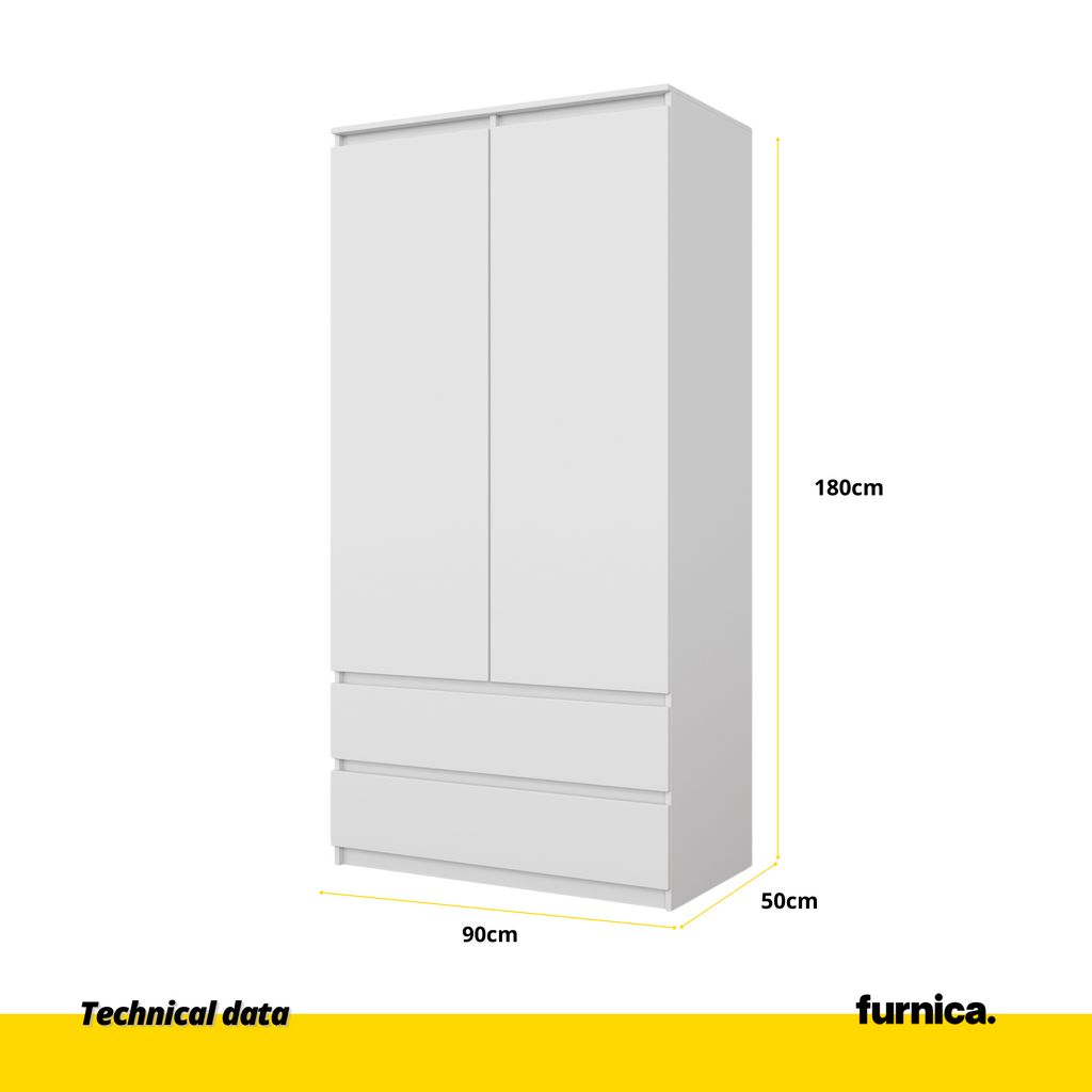 JOELLE - 2 Door Wardrobe With 2 Drawers - White Matt H180cm W90cm D50cm