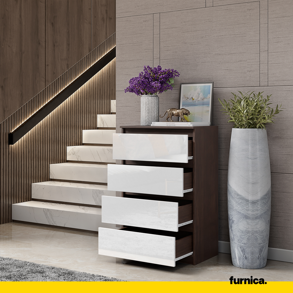 GABRIEL - Chest of 4 Drawers - Bedroom Dresser Storage Cabinet Sideboard - Wenge / White Gloss H92cm W60cm D33cm