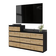 GABRIEL - Chest of 10 Drawers (6+4) - Bedroom Dresser Storage Cabinet Sideboard - Black Matt / Wotan Oak H92/70cm W160cm D33cm
