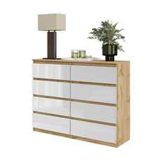 GABRIEL - Chest of 8 Drawers - Bedroom Dresser Storage Cabinet Sideboard - Wotan Oak / White Gloss H92cm W120cm D33cm