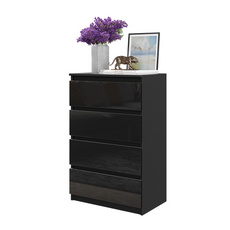 GABRIEL - Chest of 4 Drawers - Bedroom Dresser Storage Cabinet Sideboard - Black Matt / Black Gloss H92cm W60cm D33cm