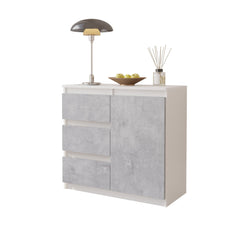 MIKEL - Chest of 3 Drawers and 1 Door - Bedroom Dresser Storage Cabinet Sideboard - White Matt / Concrete H75cm W80cm D35cm
