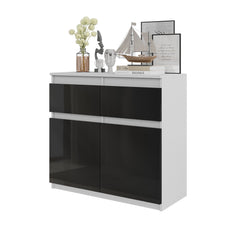 NOAH - Chest of 2 Drawers and 2 Doors - Bedroom Dresser Storage Cabinet Sideboard - White Matt / Black Gloss H75cm W80cm D35cm