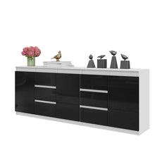 MIKEL - Chest of 6 Drawers and 3 Doors - Bedroom Dresser Storage Cabinet Sideboard - White Matt / Black Gloss  H75cm W200cm D35cm