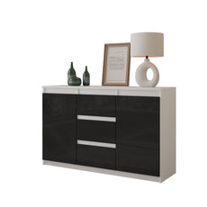 MIKEL - Chest of 3 Drawers and 2 Doors - Bedroom Dresser Storage Cabinet Sideboard - White Matt / Black Gloss H75cm W120cm D35cm