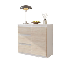 MIKEL - Chest of 3 Drawers and 1 Door - Bedroom Dresser Storage Cabinet Sideboard - White Matt / Sonoma Oak H75cm W80cm D35cm