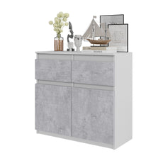 NOAH - Chest of 2 Drawers and 2 Doors - Bedroom Dresser Storage Cabinet Sideboard - White Matt / Concrete H75cm W80cm D35cm