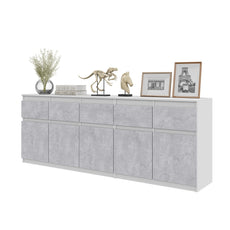 NOAH - Chest of 5 Drawers and 5 Doors - Bedroom Dresser Storage Cabinet Sideboard - White Matt / Concrete  H75cm W200cm D35cm