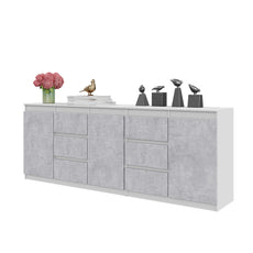 MIKEL - Chest of 6 Drawers and 3 Doors - Bedroom Dresser Storage Cabinet Sideboard - White Matt / Concrete H75cm W200cm D35cm