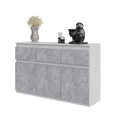 NOAH - Chest of 3 Drawers and 3 Doors - Bedroom Dresser Storage Cabinet Sideboard - White Matt / Concrete H75cm W120cm D35cm