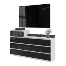 GABRIEL - Chest of 10 Drawers (6+4) - Bedroom Dresser Storage Cabinet Sideboard - White Matt / Black Gloss H92/70cm W160cm D33cm