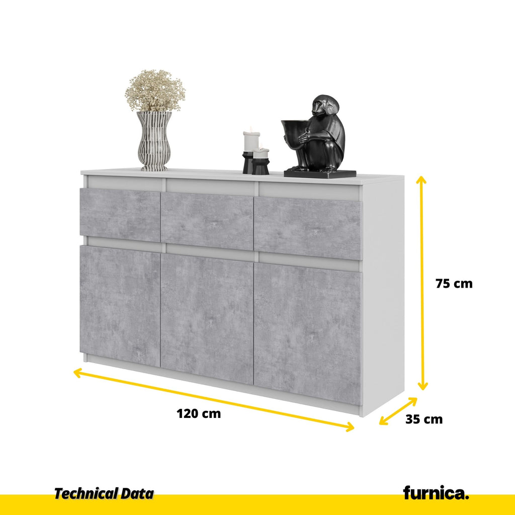 NOAH - Chest of 3 Drawers and 3 Doors - Bedroom Dresser Storage Cabinet Sideboard - White Matt / Concrete H75cm W120cm D35cm