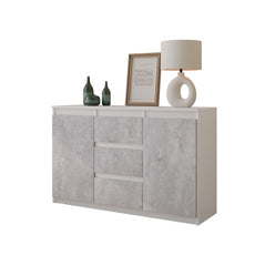 MIKEL - Chest of 3 Drawers and 2 Doors - Bedroom Dresser Storage Cabinet Sideboard - White Matt / Concrete H75cm W120cm D35cm
