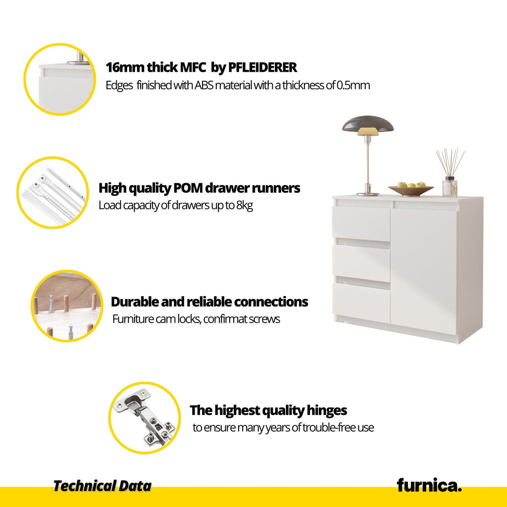 MIKEL - Chest of 3 Drawers and 1 Door - Bedroom Dresser Storage Cabinet Sideboard - White Matt / White Gloss H75cm W80cm D35cm