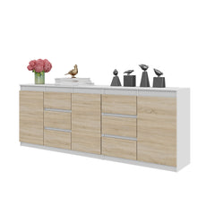 MIKEL - Chest of 6 Drawers and 3 Doors - Bedroom Dresser Storage Cabinet Sideboard - White Matt / Sonoma Oak  H75cm W200cm D35cm