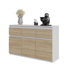 NOAH - Chest of 3 Drawers and 3 Doors - Bedroom Dresser Storage Cabinet Sideboard - White Matt / Sonoma Oak H75cm W120cm D35cm