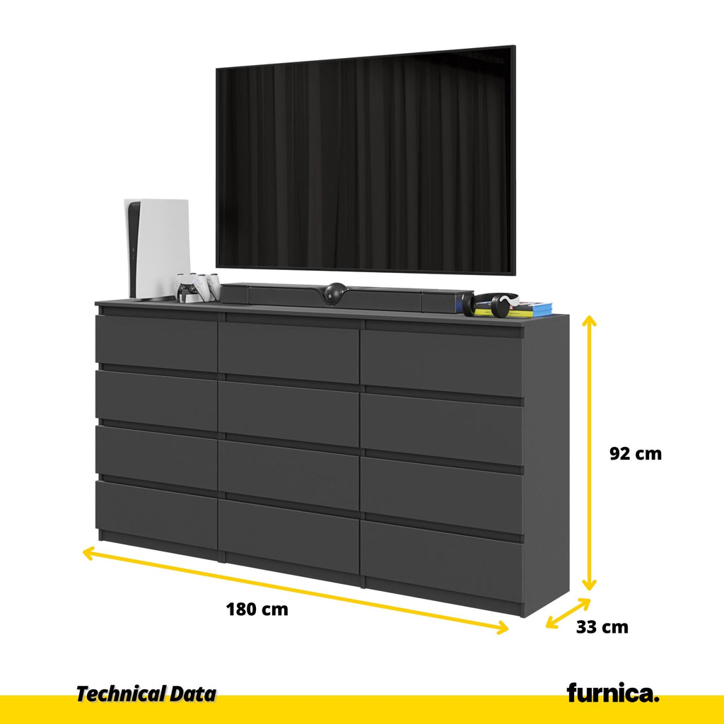 GABRIEL - Chest of 12 Drawers (8+4) - Bedroom Dresser Storage Cabinet Sideboard - Anthracite H92cm W180cm D33cm