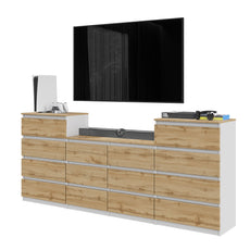 GABRIEL - Chest of 14 Drawers (4+6+4) - Bedroom Dresser Storage Cabinet Sideboard - White Matt / Wotan Oak H92cm W220cm D33cm