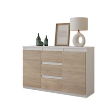 MIKEL - Chest of 3 Drawers and 2 Doors - Bedroom Dresser Storage Cabinet Sideboard - White Matt / Sonoma Oak H75cm W120cm D35cm