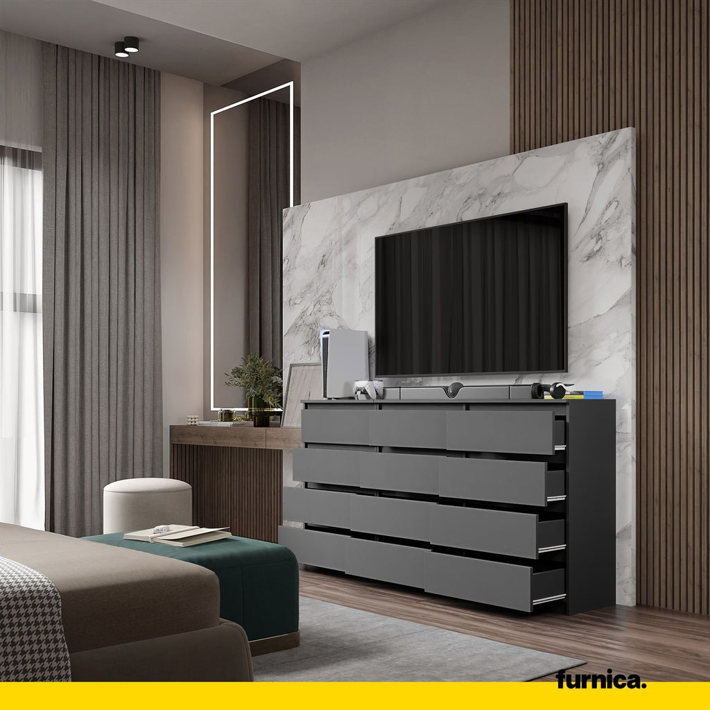 GABRIEL - Chest of 12 Drawers (8+4) - Bedroom Dresser Storage Cabinet Sideboard - Anthracite H92cm W180cm D33cm