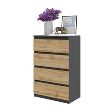 GABRIEL - Chest of 4 Drawers - Bedroom Dresser Storage Cabinet Sideboard - Anthracite / Wotan Oak H92cm W60cm D33cm