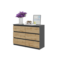GABRIEL - Chest of 6 Drawers - Bedroom Dresser Storage Cabinet Sideboard - Anthracite / Wotan Oak H71cm W100cm D33cm