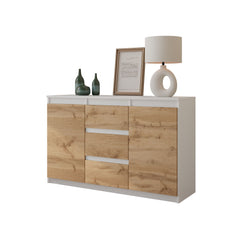 MIKEL - Chest of 3 Drawers and 2 Doors - Bedroom Dresser Storage Cabinet Sideboard - White Matt / Wotan Oak H75cm W120cm D35cm