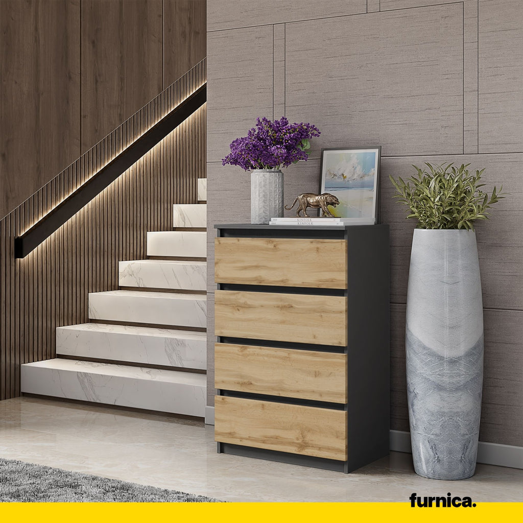 GABRIEL - Chest of 4 Drawers - Bedroom Dresser Storage Cabinet Sideboard - Anthracite / Wotan Oak H92cm W60cm D33cm