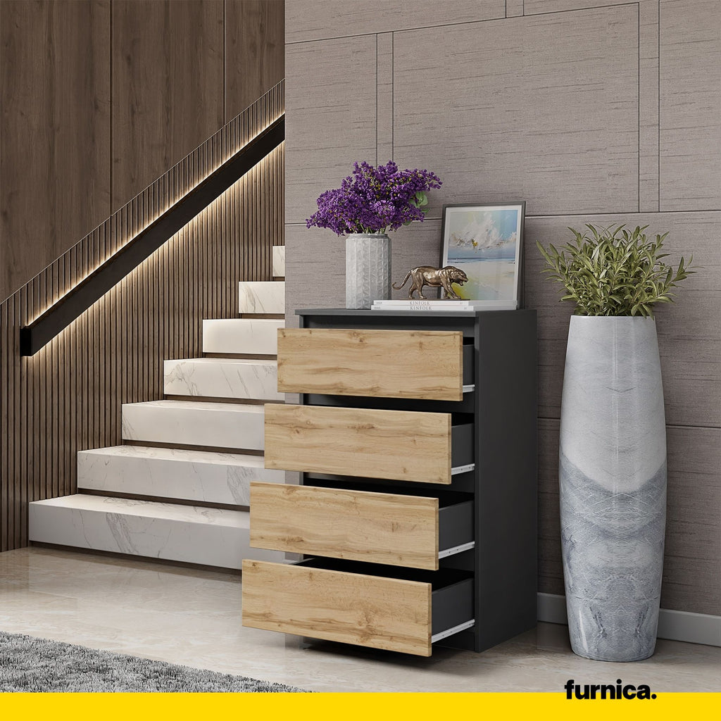 GABRIEL - Chest of 4 Drawers - Bedroom Dresser Storage Cabinet Sideboard - Anthracite / Wotan Oak H92cm W60cm D33cm