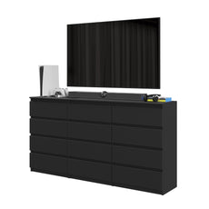 GABRIEL - Chest of 12 Drawers (8+4) - Bedroom Dresser Storage Cabinet Sideboard - Black Matt H92cm W180cm D33cm