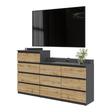 GABRIEL - Chest of 10 Drawers (6+4) - Bedroom Dresser Storage Cabinet Sideboard - Anthracite / Wotan Oak H92/70cm W160cm D33cm