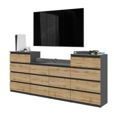 GABRIEL - Chest of 14 Drawers (4+6+4) - Bedroom Dresser Storage Cabinet Sideboard - Anthracite / Wotan Oak H92cm W220cm D33cm