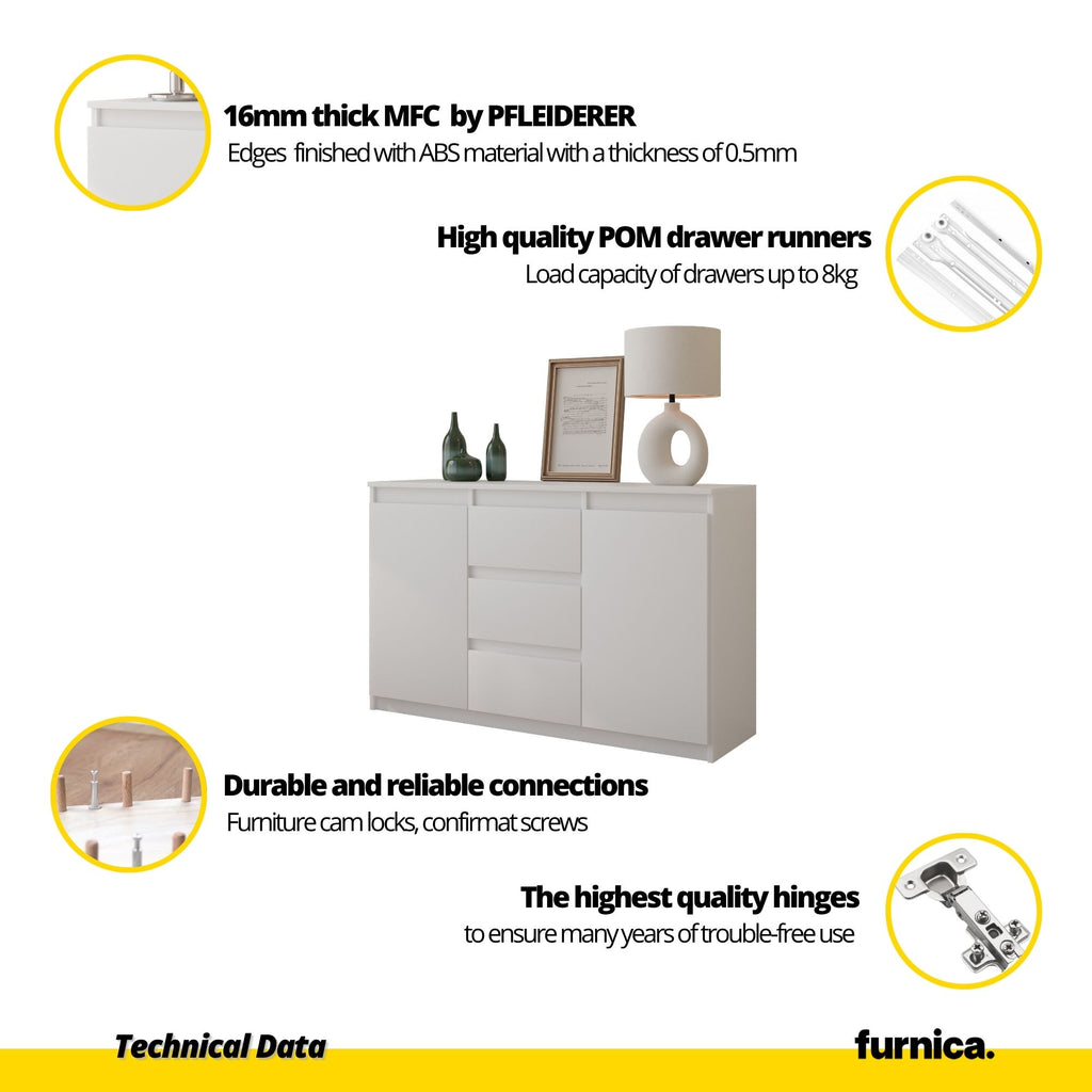 MIKEL - Chest of 3 Drawers and 2 Doors - Bedroom Dresser Storage Cabinet Sideboard - Sonoma Oak / Anthracite H75cm W120cm D35cm