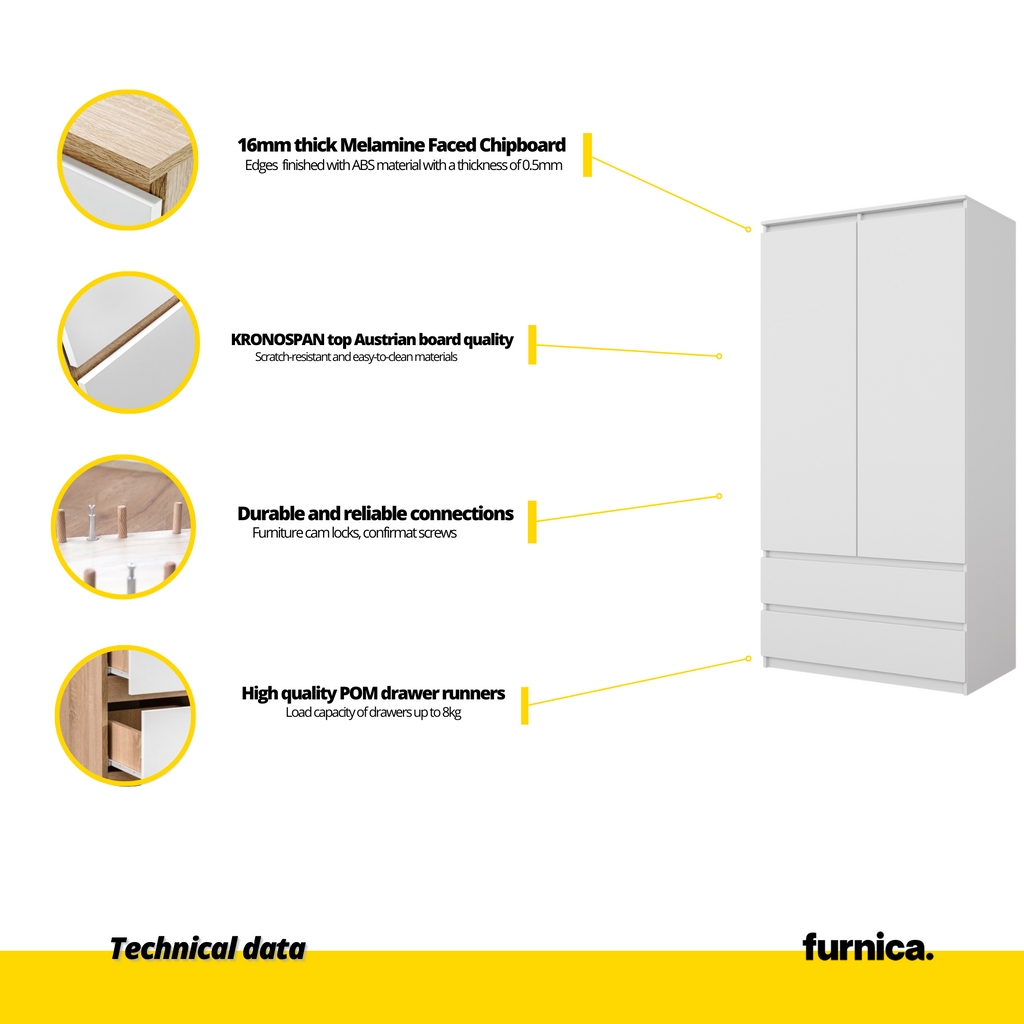 JOELLE - 2 Door Wardrobe With 2 Drawers - White Matt H180cm W90cm D50cm