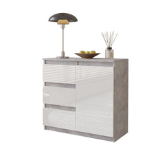 MIKEL - Chest of 3 Drawers and 1 Door - Bedroom Dresser Storage Cabinet Sideboard - Concrete / White Gloss H75cm W80cm D35cm