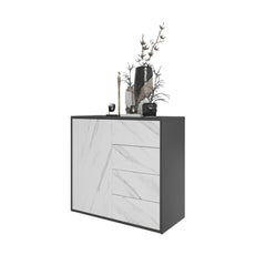 CAMILLE - Push to Open Sideboard with Door and 4 Drawers - Anthracite / White Marble H74cm W80cm D36cm