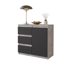 MIKEL - Chest of 3 Drawers and 1 Door - Bedroom Dresser Storage Cabinet Sideboard - Concrete / Anthracite H75cm W80cm D35cm