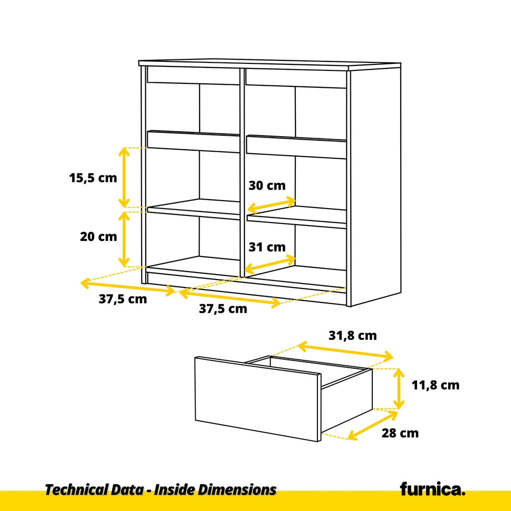 NOAH - Chest of 2 Drawers and 2 Doors - Bedroom Dresser Storage Cabinet Sideboard - White Matt / White Gloss H75cm W80cm D35cm