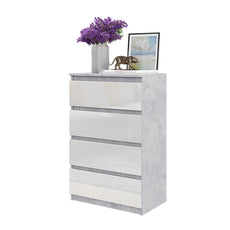 GABRIEL - Chest of 4 Drawers - Bedroom Dresser Storage Cabinet Sideboard - Concrete / White Gloss H92cm W60cm D33cm